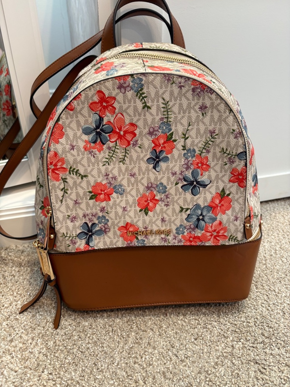 Michael Kors Brown Leather-Trim Floral Logo Dome Backpack